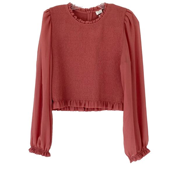 NWT WILFRED Top XL Red-Pink Chiffon Ruffle Smocked Puff-Sheer-Ballon-Long-Sleeve - Picture 2 of 13